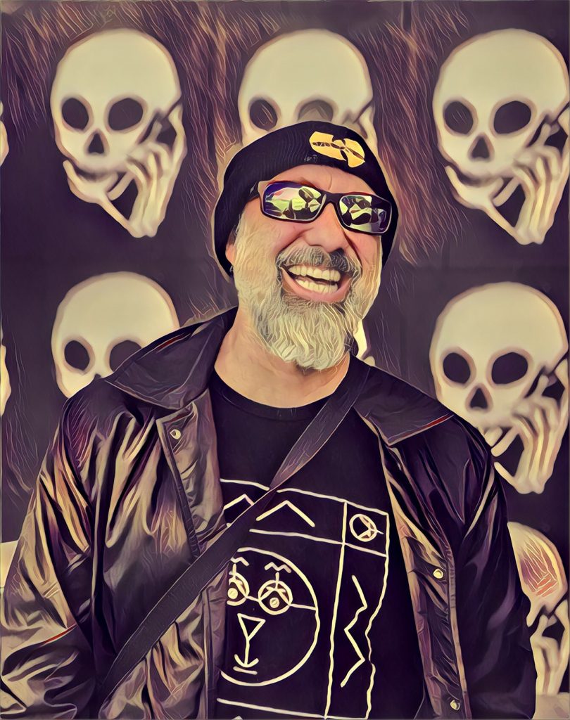 Jason smiling with skull artwork